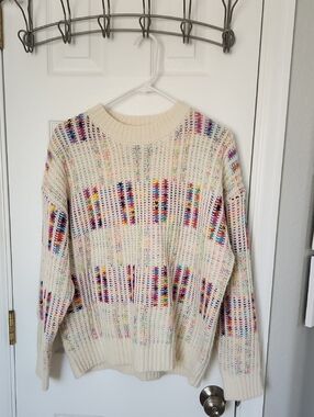 Cream Multicolor Open-Knit Crewneck Sweater